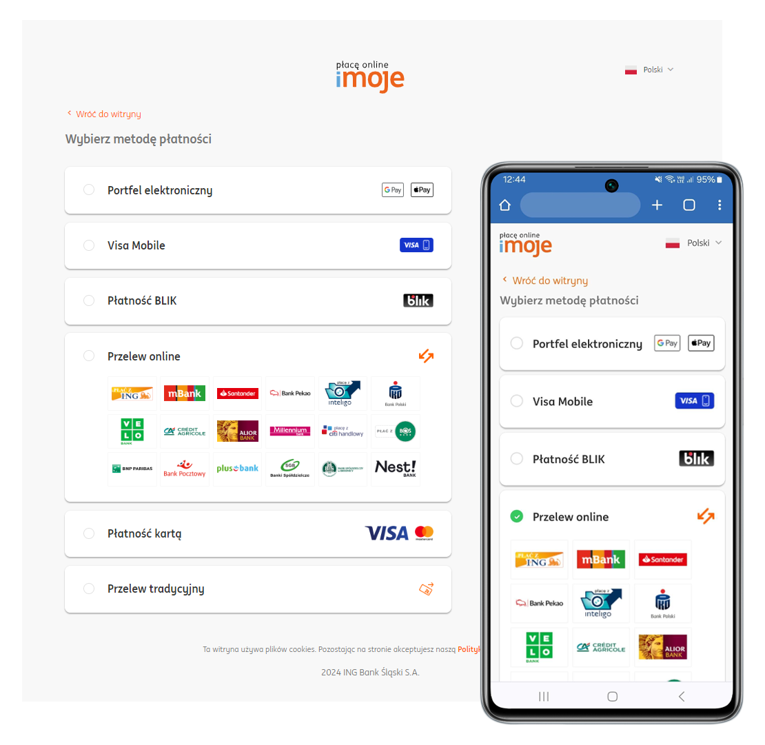 Strona płatności imoje na komputerze i smartfonie z widocznymi opcjami płatności, w tym portfel elektroniczny, Visa Mobile, BLIK, oraz przelewy online